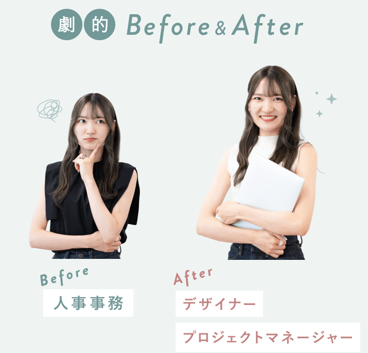 Before(考え込む表情で人事事務時代)とAfter(ノートPCを抱えて微笑む、デザイナー・プロジェクトマネージャー)のさきさん比較写真