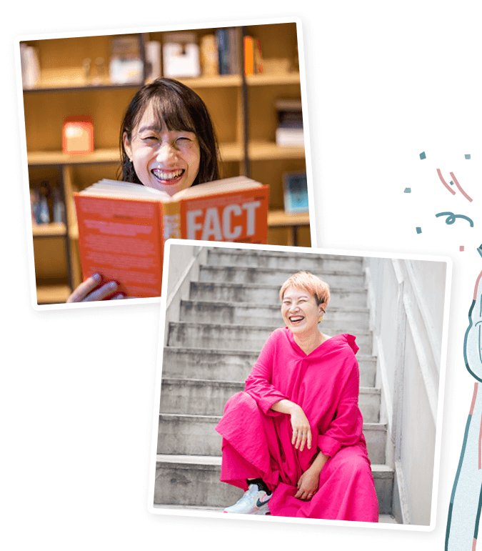 くみさんが撮影したプロフィール写真2枚。本を読んで笑う女性と、ピンクのワンピースで階段に座る女性