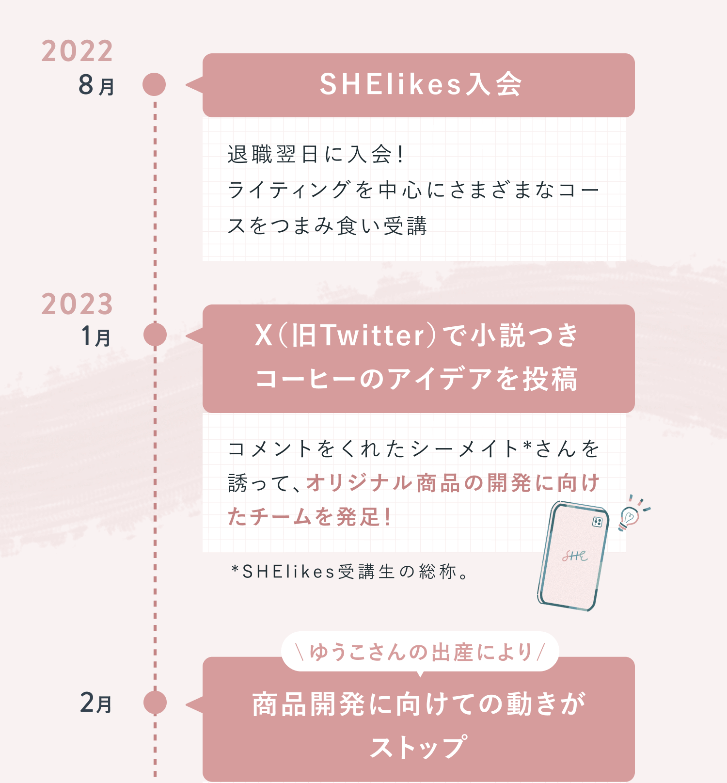 SHElikes入会からオンライン販売開始までの活動を時系列で並べた図解。2022年8月SHElikes入会、2023年1月にSNSでアイデア投稿しチーム発足