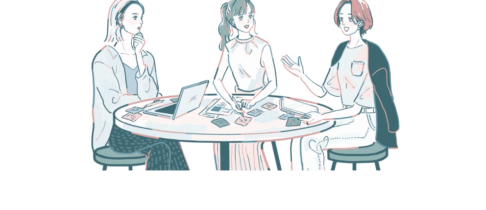 円テーブルを囲んで資料を見ながら話す3人の女性のイラスト