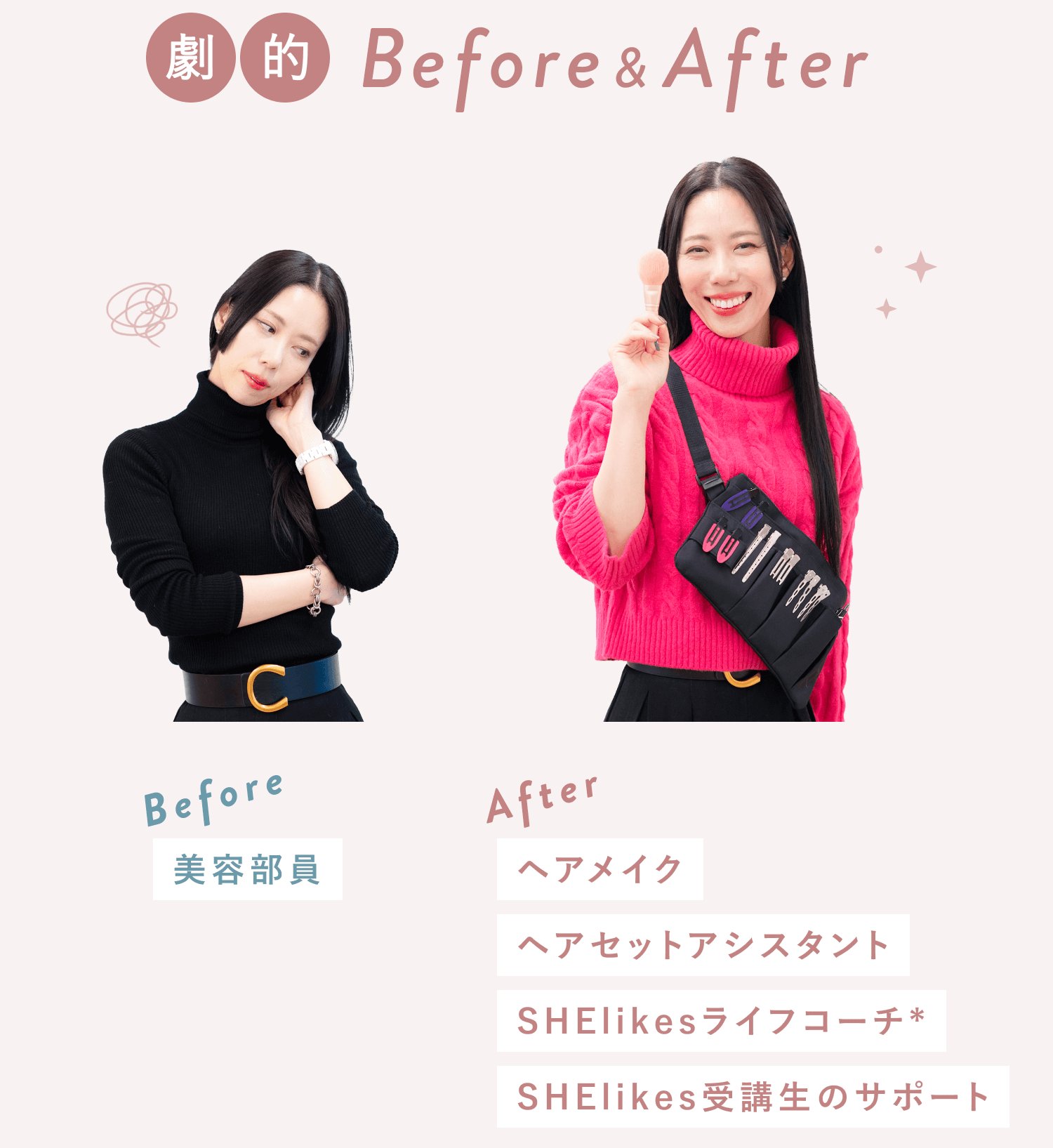 tomさんのBefore（頬に手を当て考え込む表情、黒タートルネック。職業は美容部員）とAfter（メイクブラシを手に微笑み、ヘアクリップポーチを肩掛けするピンクのニット姿。職業はヘアメイク、ヘアセットアシスタント、SHElikesライフコーチ*、SHElikes受講生のサポート）の比較写真