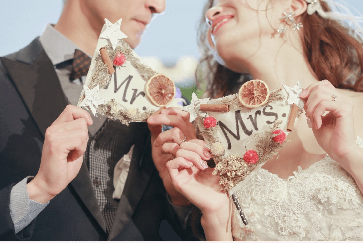 「Mr.」「Mrs.」のウェルカムボードを手にする新郎新婦の手元