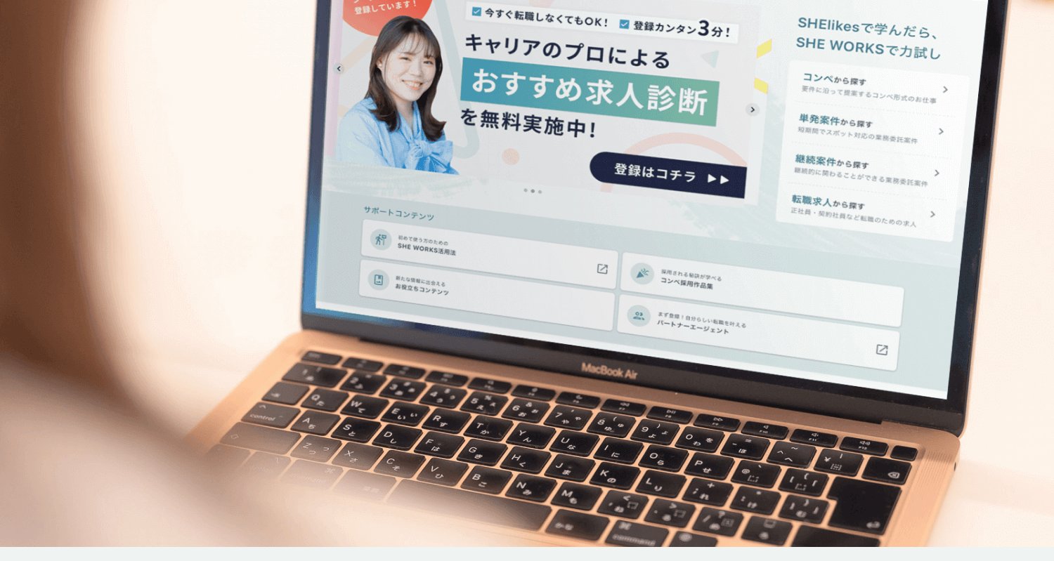 ノートPC画面に表示されたSHE WORKSのサイト画面