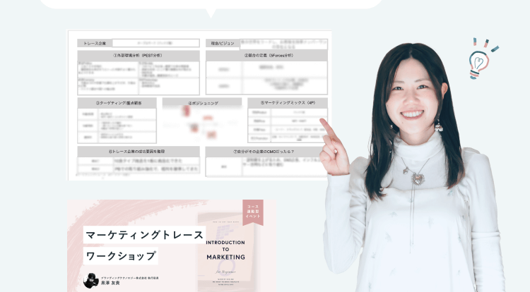 マーケティングトレースワークショップの資料8項目と、「マーケティングトレースワークショップ INTRODUCTION TO MARKETING 黒澤友貴」のタイトルカード、指差してほほ笑むりささんの写真