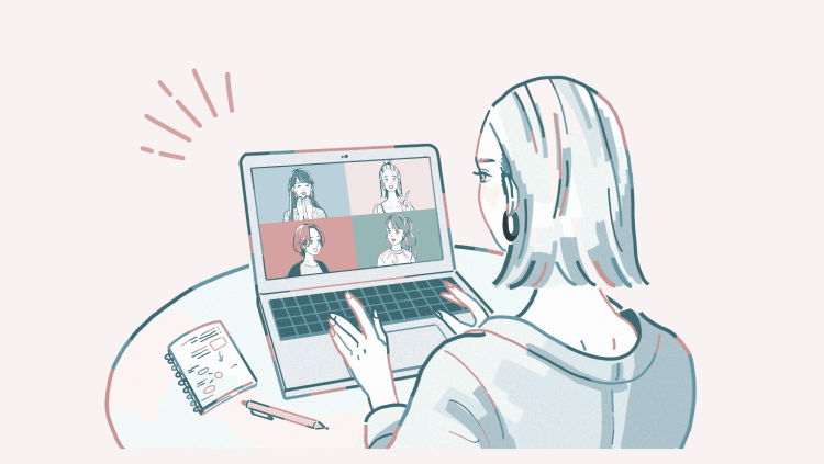 オンラインミーティングでグループメンバーとzoomをつなぎながらノートPCで作業する人物のイラスト