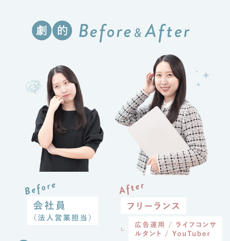 Beforeの考え込む表情のかんなさんと、Afterの自信に満ちた表情でノートPCを抱えるかんなさんの比較写真。Beforeは会社員（法人営業担当）、Afterはフリーランスで広告運用・ライフコンサルタント・YouTuberとして活動