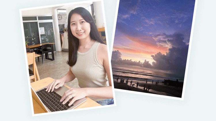 韓国のカフェでノートPCに向かうかんなさんと、東南アジアの浜辺に沈む夕焼け空の2枚組写真