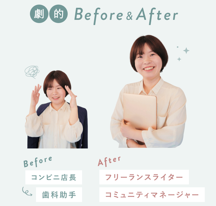 真帆さんのBefore（考え込むコンビニ店長時代）とAfter（微笑むフリーランス時代）のポートレート。Before職業はコンビニ店長を経て歯科助手、After職業はフリーランスライター・コミュニティマネージャー