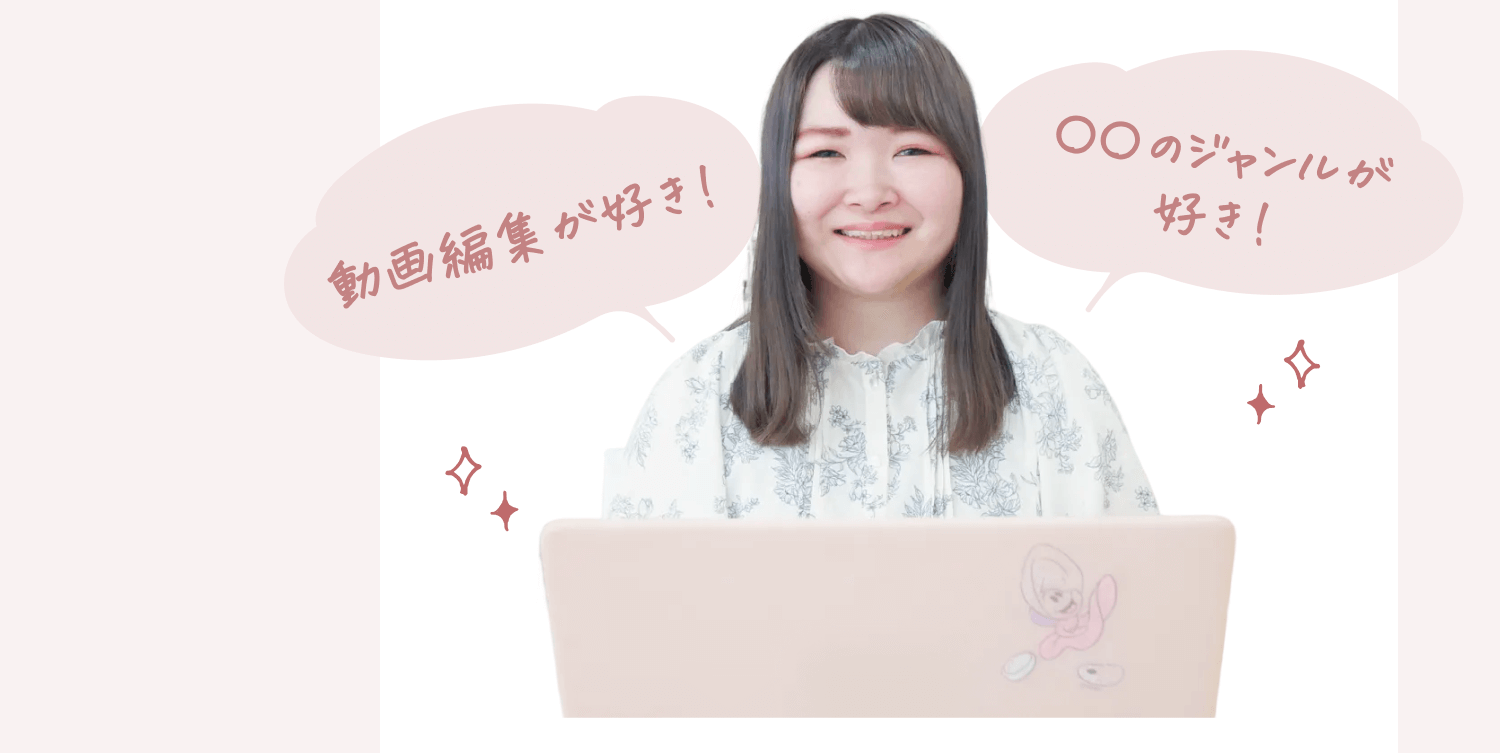ノートPCに向かうもかさんの写真に「動画編集が好き！」「〇〇のジャンルが好き！」という2つの手書き風吹き出しコメントが重なった合成グラフィック