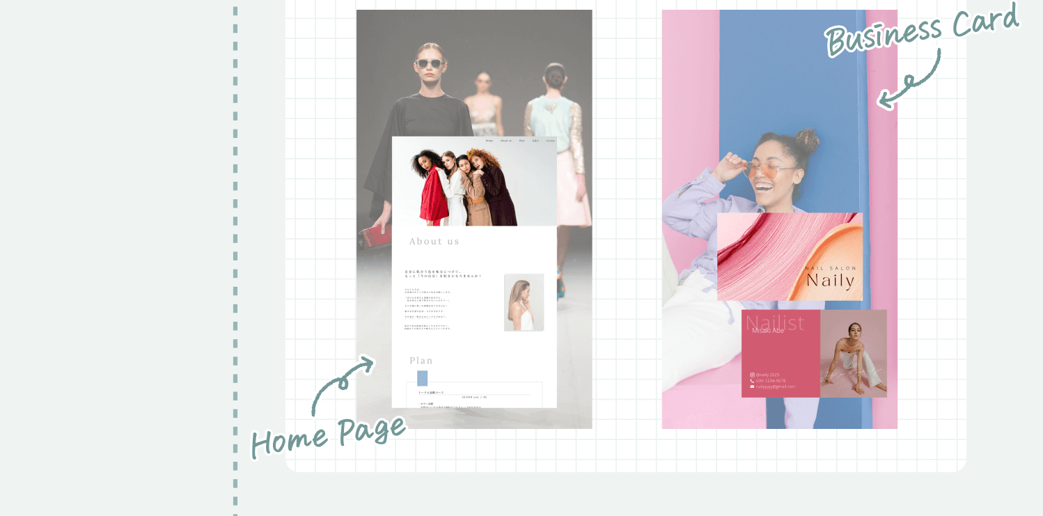 自作のホームページデザイン（Home Page）と名刺デザイン（Business Card）の制作物
