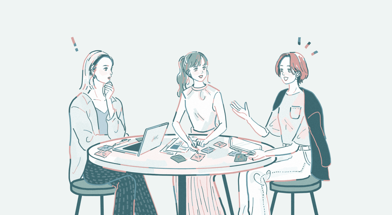 円卓を囲んでノートPC（SHEロゴ入り）を挟み談笑する3人の女性のイラスト