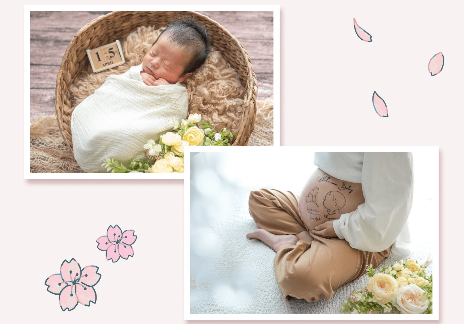 naokoさんが撮影したニューボーンフォト（籠の中で眠る赤ちゃん）とマタニティフォト（お腹に"Welcome Baby"のイラスト）の作品写真