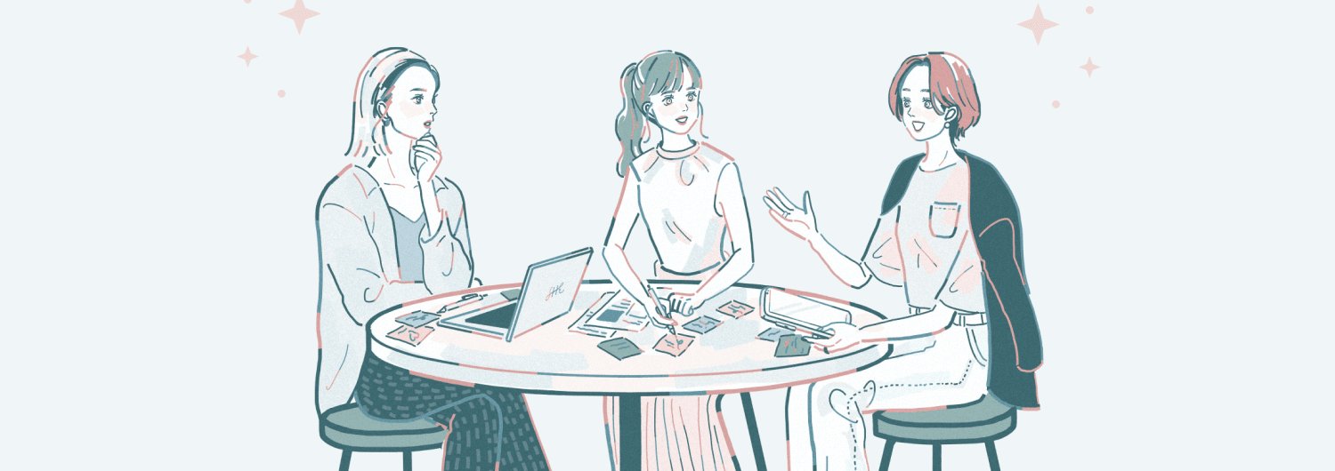 円卓を囲んでカードを見ながら話す3人の女性のイラスト