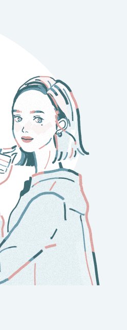 顎に手を当て考えるあみんこさんの線画イラスト