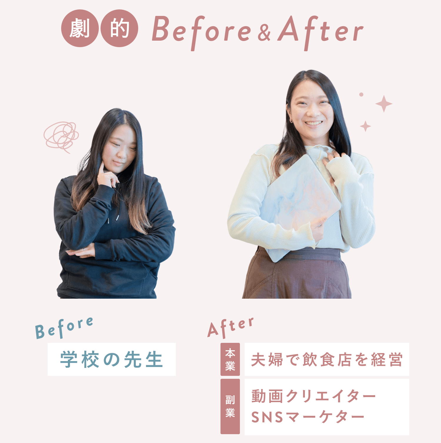 Beforeは学校の先生として悩む表情のかれんさん、Afterは夫婦で飲食店を経営しながら動画クリエイター・SNSマーケターとして副業するかれんさんの写真