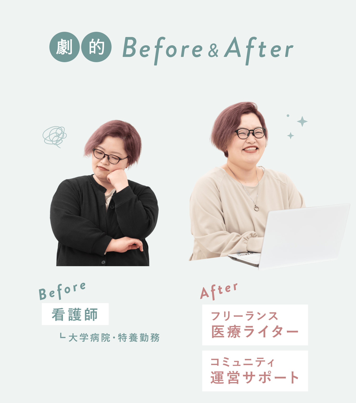 劇的Before&After。Beforeは看護師(大学病院・特養勤務)で思案顔、Afterはフリーランス医療ライター/コミュニティ運営サポートでノートPCに向かって笑顔のayaさん