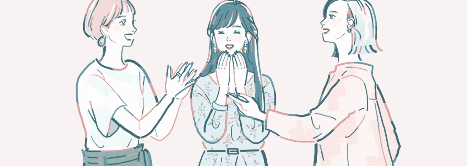 3人の女性が笑顔で肩に手を触れ合うイラスト