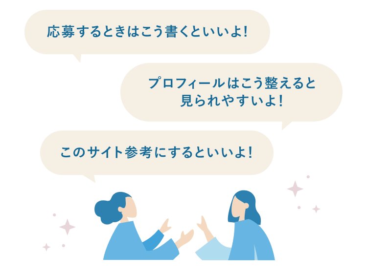 青系のイラストで描かれた2人の女性と3つの吹き出し。「応募するときはこう書くといいよ！」「プロフィールはこう整えると見られやすいよ！」「このサイト参考にするといいよ！」