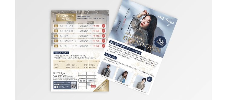 ベージュの背景に置かれた2枚組の印刷フライヤー（左: CAMPAIGN MENUと価格リストの面、右: SHE TokyoのGRAND OPEN告知面）